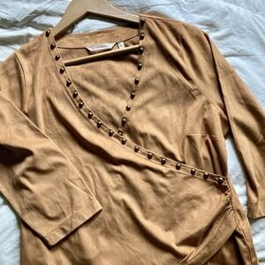Soft Surroundings Women M Faux Suede Top Stud Wrap 3/4 Sleeve Camel Tan Western